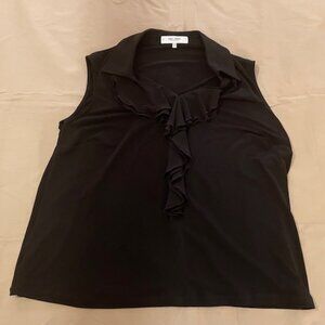 Sleeveless black top with ruffle down front